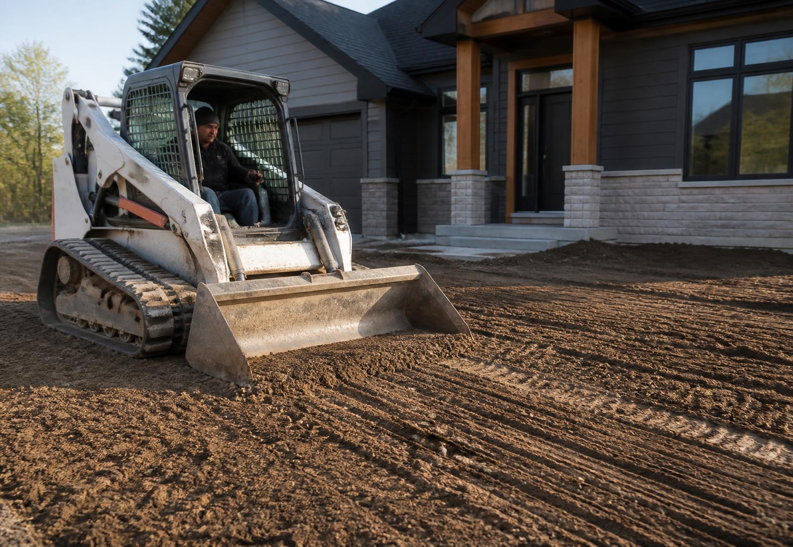Compact track loader grading and shaping a residential site