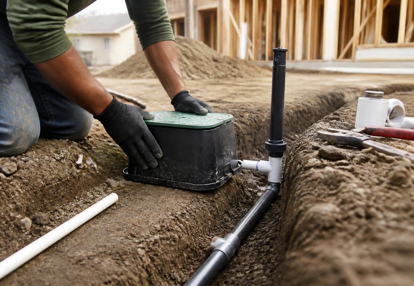 Technician installing sprinkler lines and valve boxes