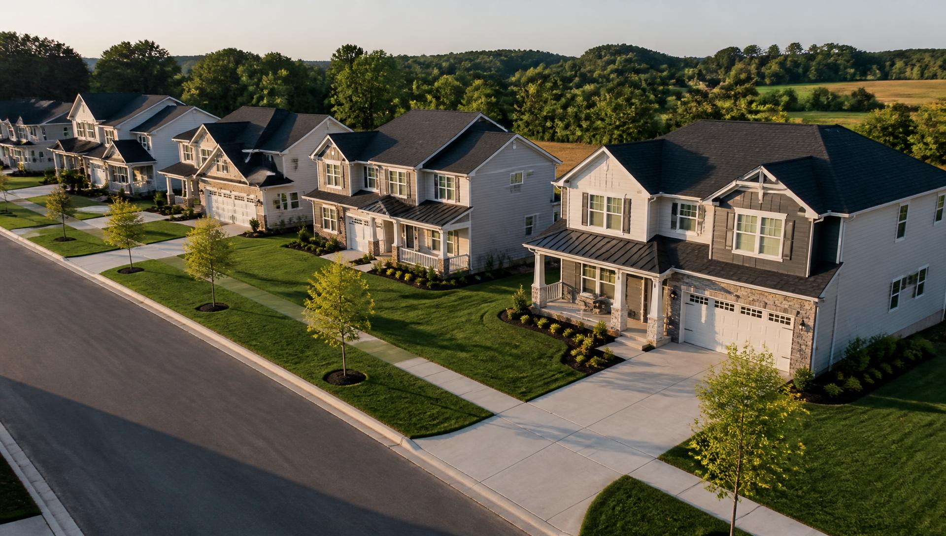 Aerial view of a new subdivision with installed lawns and streetscapes