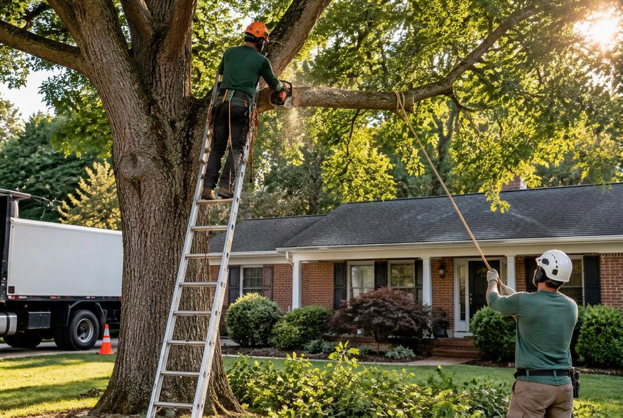Tree care crew trimming a large mature oak tree in a residential yard
