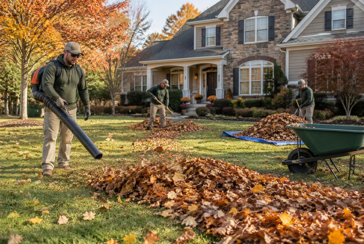 Crew clearing fall leaves from a residential lawn